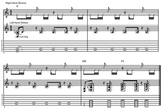 Example 1 - John's often uses his right hand to drum rhythms on the guitar's body, using the area where the strings leave the bridge as a bass drum and the face itself as a snare drum. Notice how he occasionally gets extra snap by using his nails. At the same time, John uses the fretting hand to hammer-on a counter-rhythm on the fingerboard.